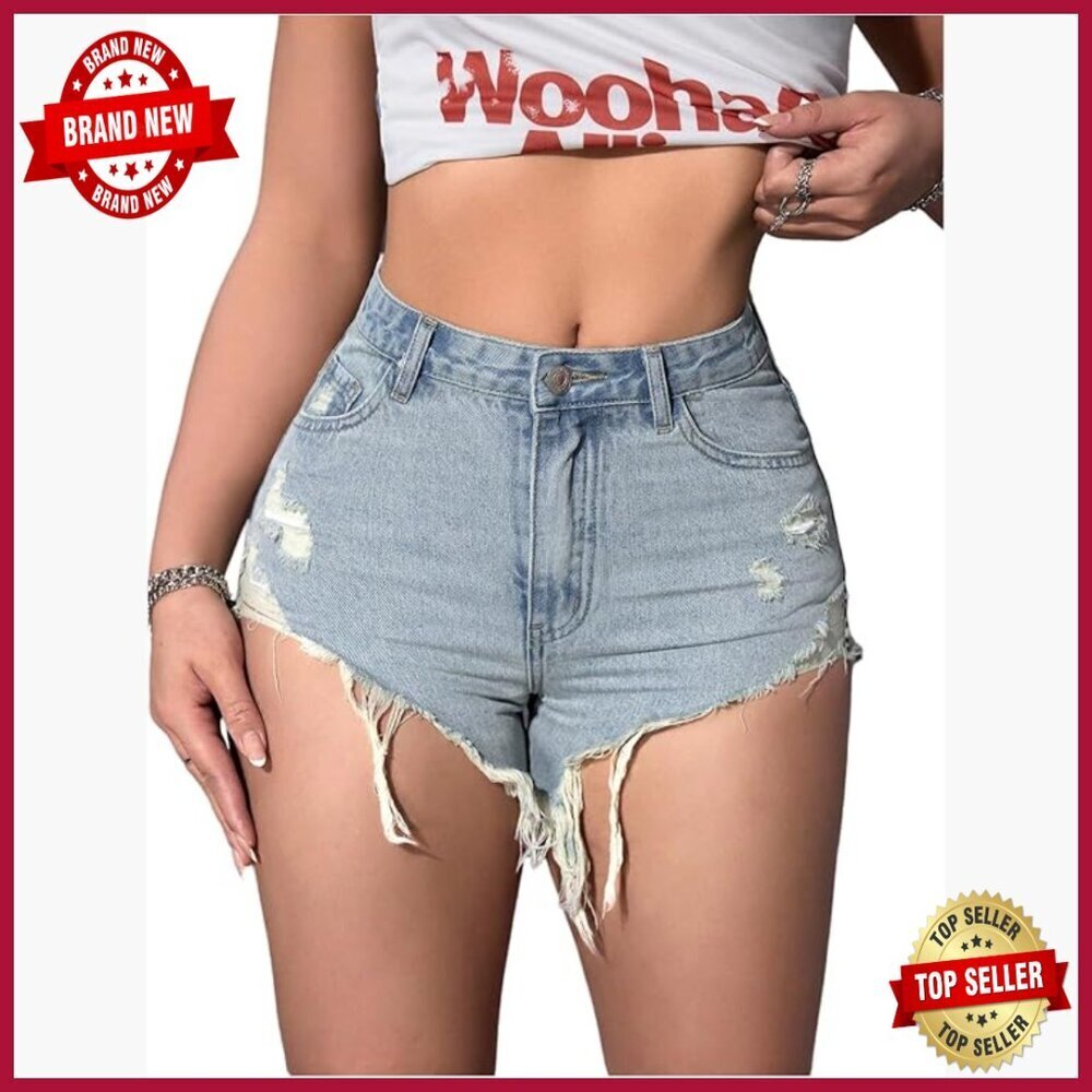 High Waisted Skinny Denim Shorts Ripped Distressed Mini Casual Wear
